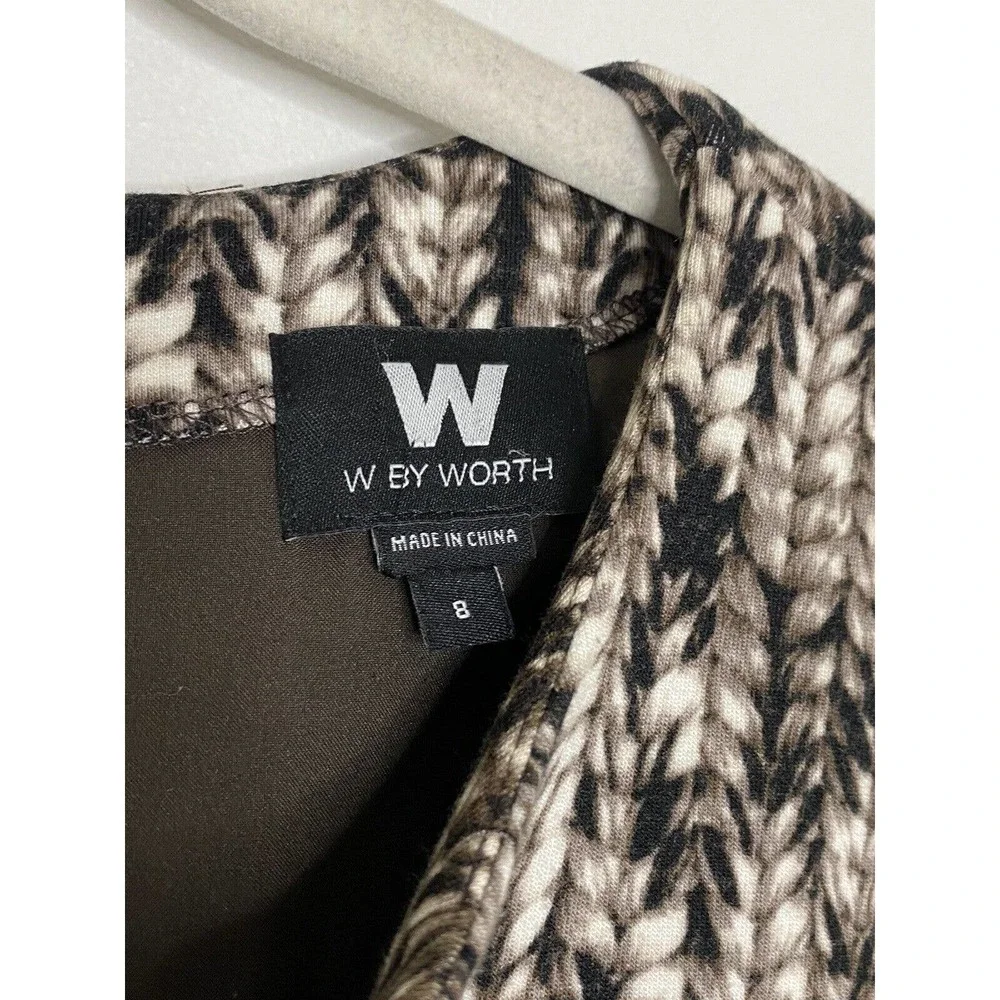 W By Worth Womens Tan Brown Printed Zip Front Short Sleeve Flare Dress Sz 8 - Picture 3 of 5